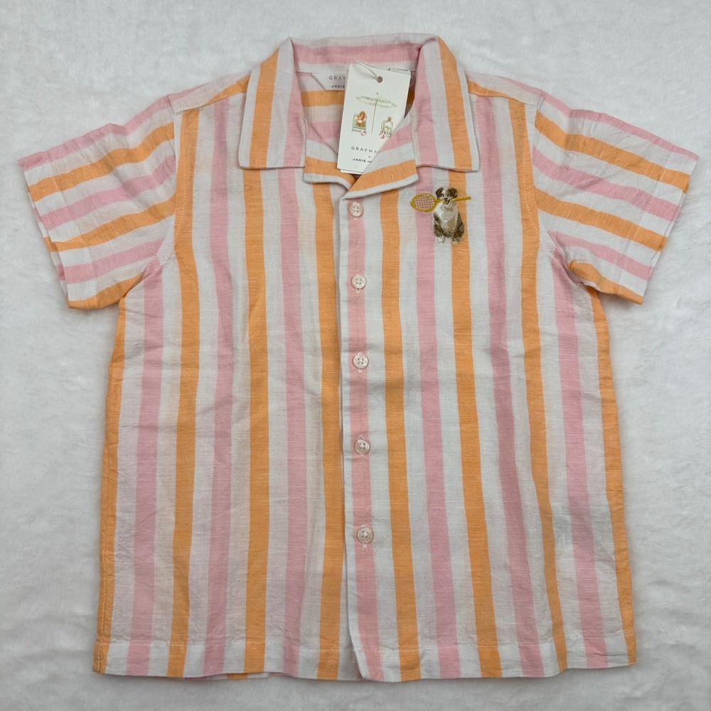 Gray Malin x Janie & Jack Shirt Boys 5 Pink Orange Stripe Tennis Dog Linen NWT